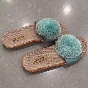 La-a Sole Teal Pom-Pom Slide Sandals - Women